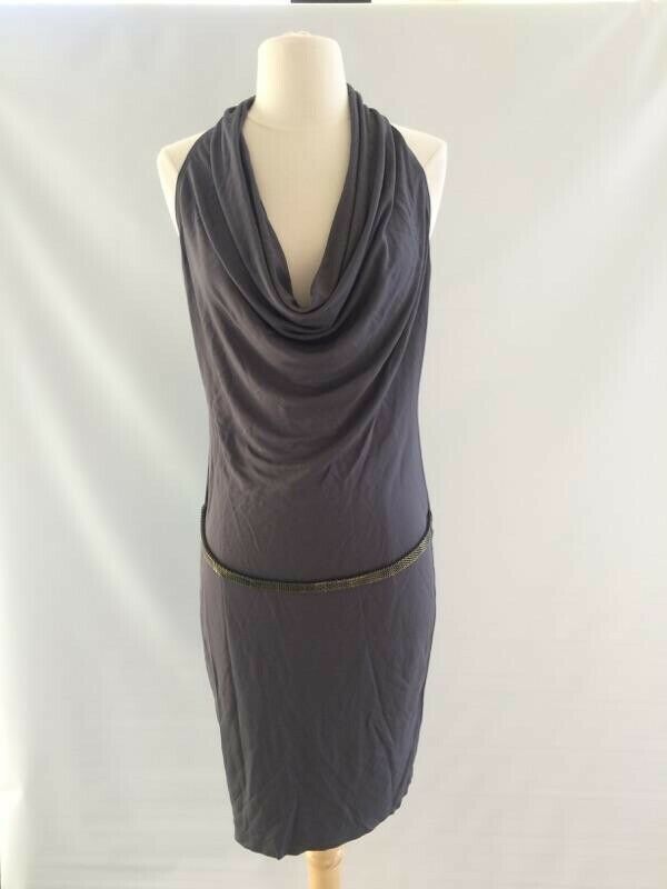 HAUTE HIPPIE NWT Womens Jersey Cowl Neck Halter Dress w/ Chain Belt Graphite SZS - Image 2