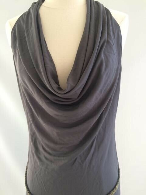 HAUTE HIPPIE NWT Womens Jersey Cowl Neck Halter Dress w/ Chain Belt Graphite SZS - Image 3