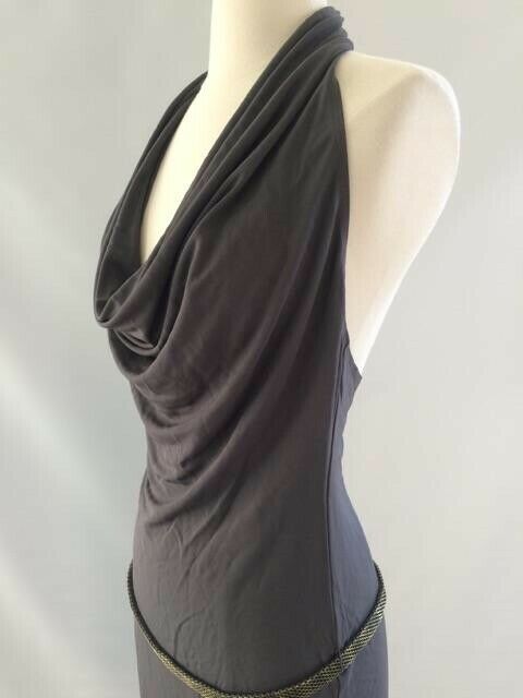 HAUTE HIPPIE NWT Womens Jersey Cowl Neck Halter Dress w/ Chain Belt Graphite SZS