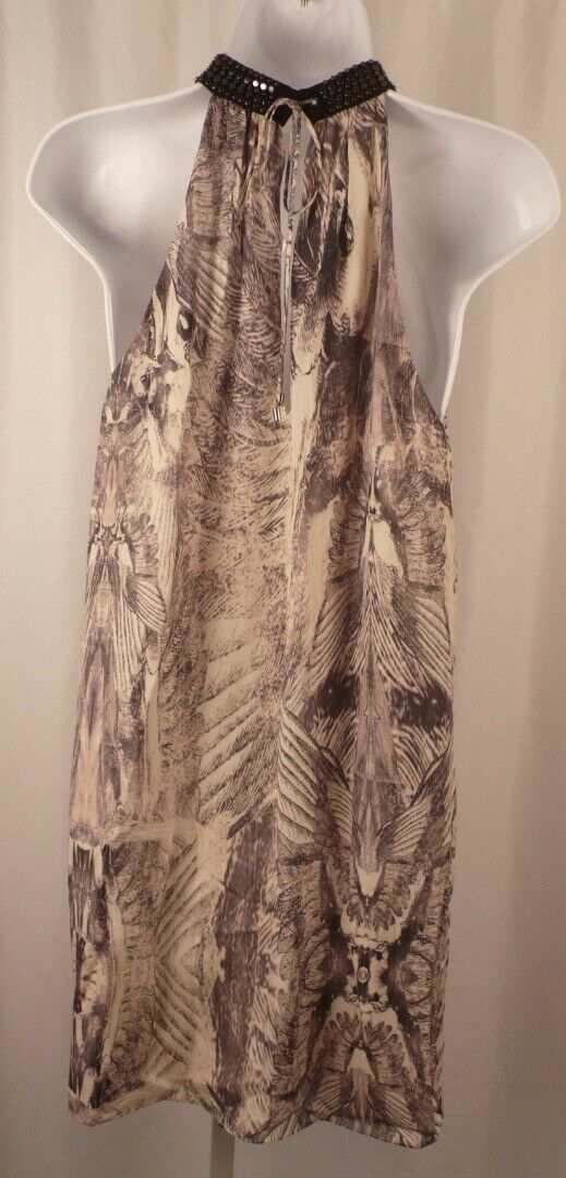 HAUTE HIPPIE Women's Beige Gray Print Studded Collar Neck Sleeveless Dress Sz M - Image 6