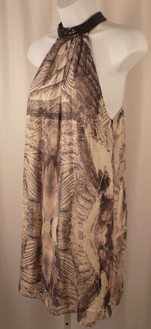 HAUTE HIPPIE Women's Beige Gray Print Studded Collar Neck Sleeveless Dress Sz M