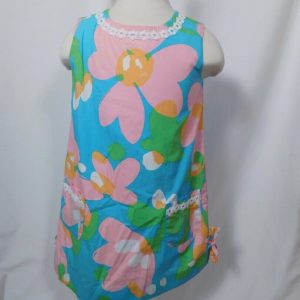 LILLY PULITZER Girls Turquoise Pink Floral Cotton Sleeveless Shift Dress Sz 4