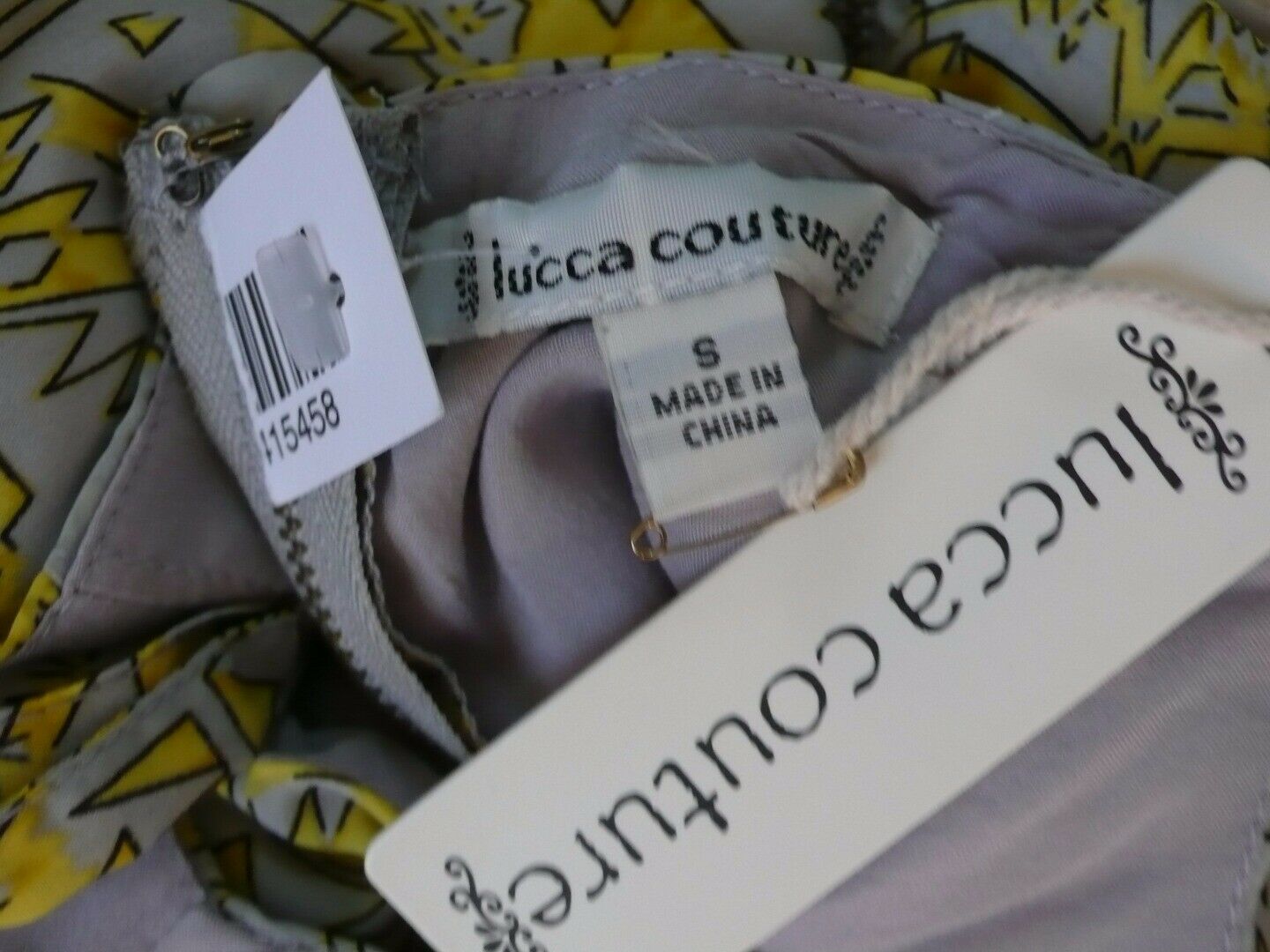 LUCCA COUTURE NWT Gray & Yellow Print Spaghetti Strap Exposed Back Zip Dress SzS - Image 7