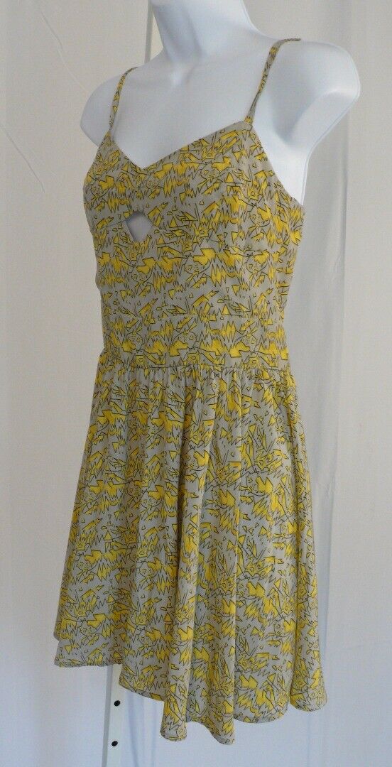 LUCCA COUTURE NWT Gray & Yellow Print Spaghetti Strap Exposed Back Zip Dress SzS