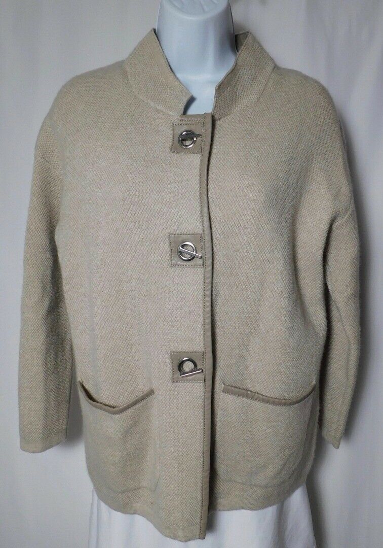 MAX & MOI Women's Beige Cashmere Faux Leather Trim Cardigan Sweater Sz XS $620 - Image 4
