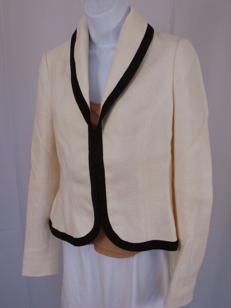 RALPH LAUREN BLACK LABEL Ivory W Black Trim Linen Cotton Textured Blazer Sz 10