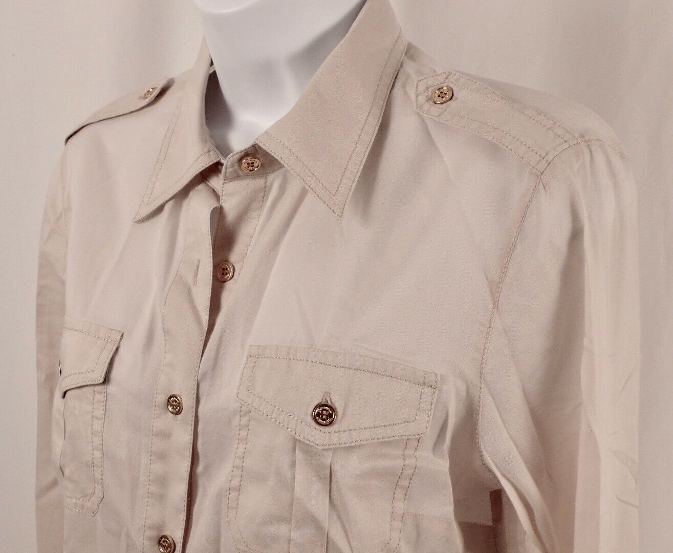 TORY BURCH Women's Dove Gray Cotton Gold Tone Buttons Button Front Blouse Sz 6 - Image 3