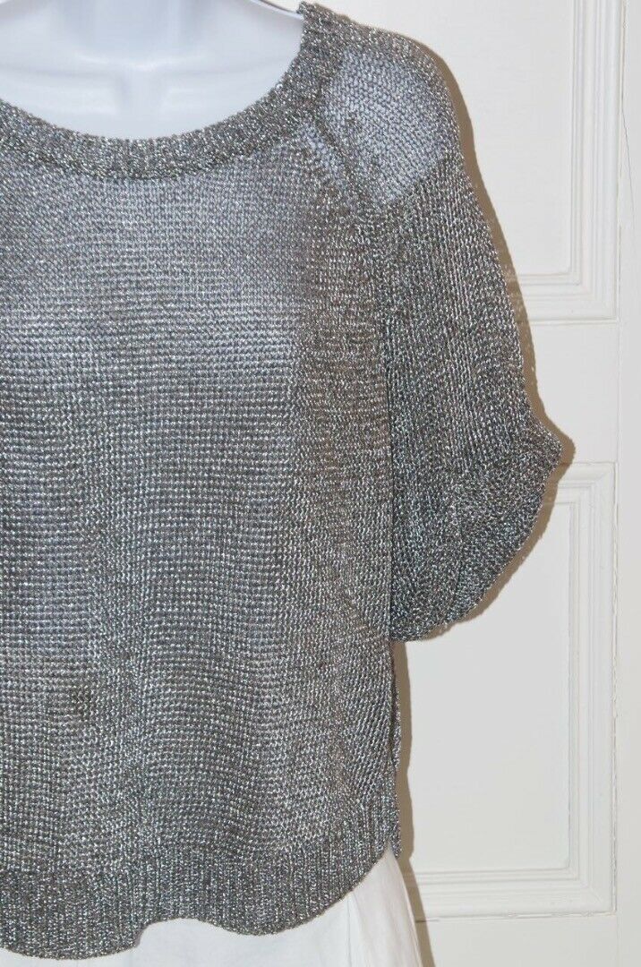 VINCE Women's Dolman Metallic Silver Lose Knit Rolled Short Sleeved Sweater Sz S - Image 5