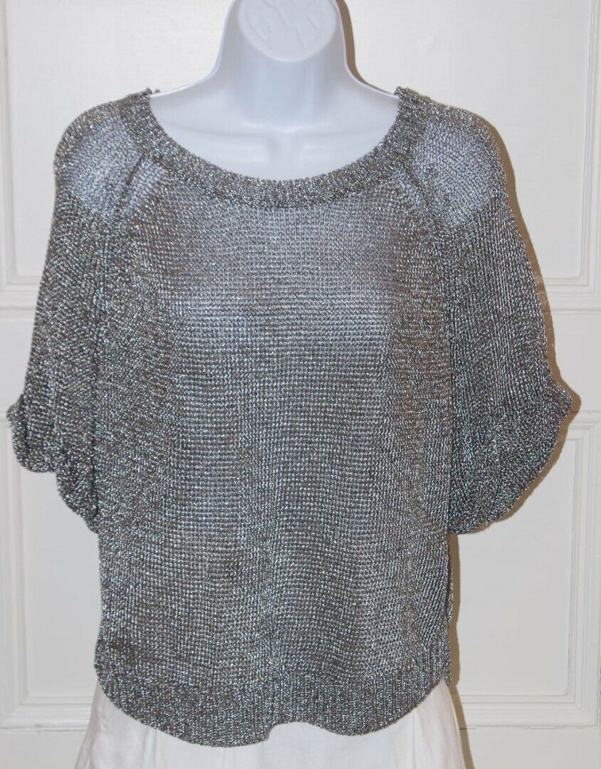 VINCE Women's Dolman Metallic Silver Lose Knit Rolled Short Sleeved Sweater Sz S