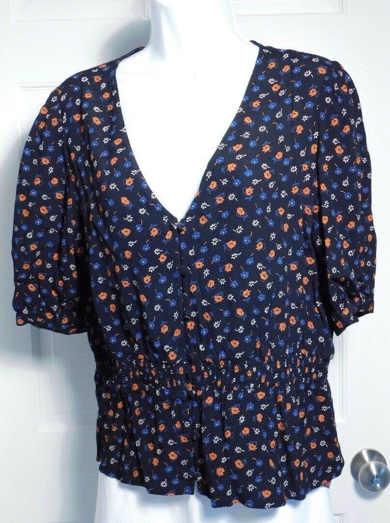 Women's Black Floral Elastic Waist V-Neck Tunic Blouse Sz S - Image 3