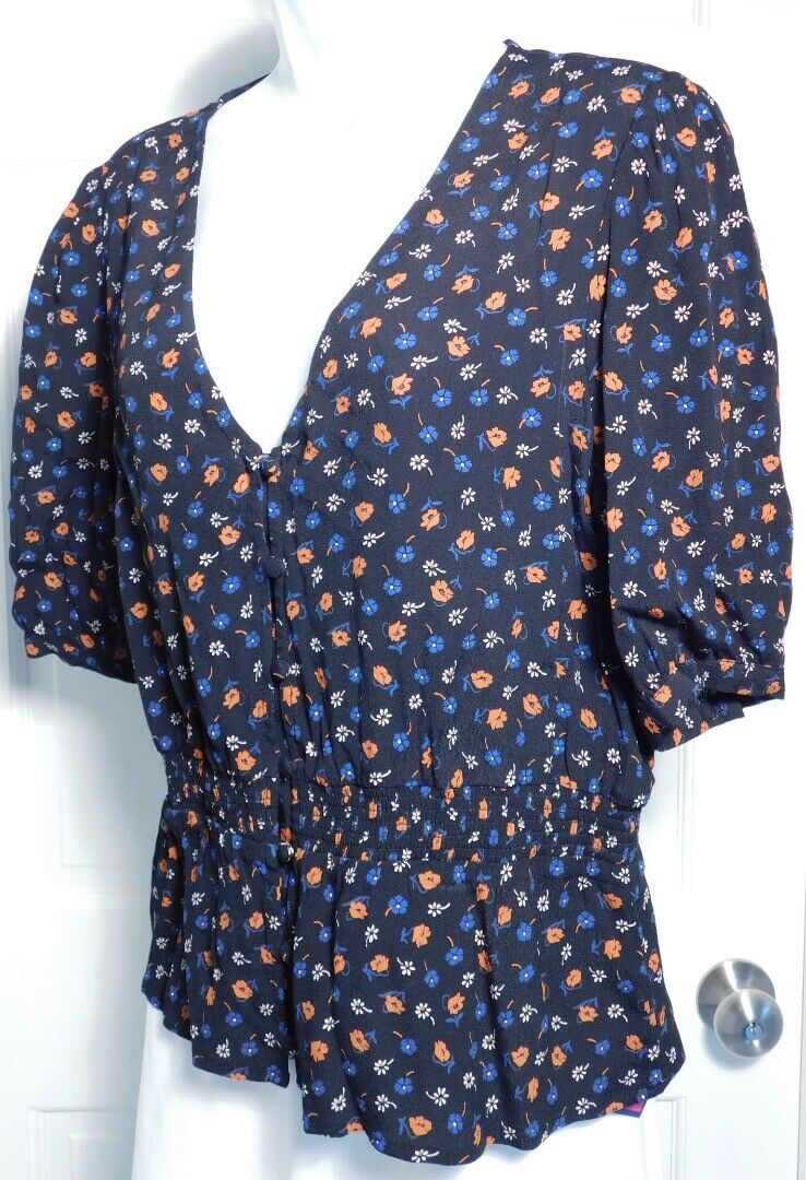 Women's Black Floral Elastic Waist V-Neck Tunic Blouse Sz S