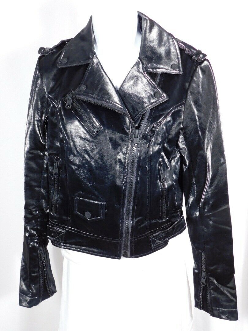 BLANC NOIR Women's Black Faux Leather Motorcycle Jacket Sz S - Image 4