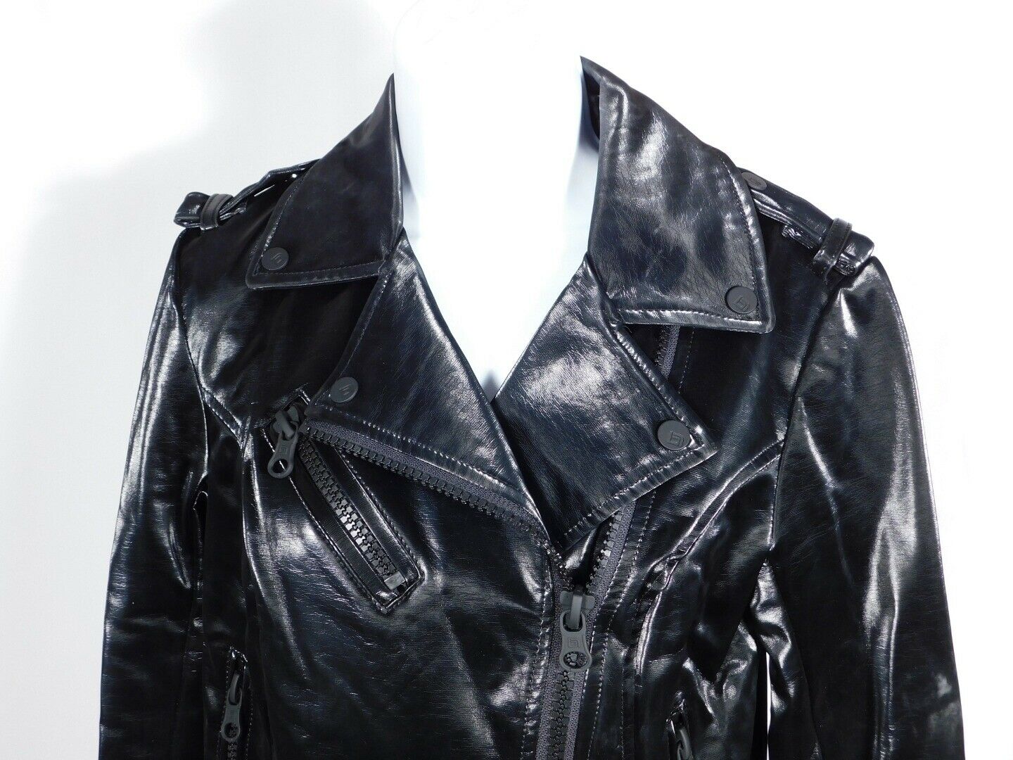 BLANC NOIR Women's Black Faux Leather Motorcycle Jacket Sz S - Image 5