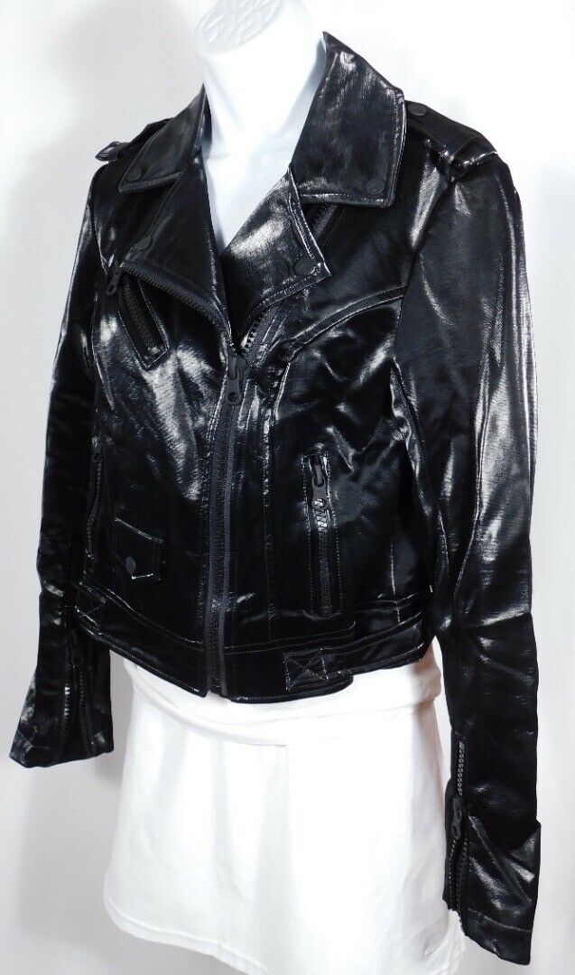 BLANC NOIR Women's Black Faux Leather Motorcycle Jacket Sz S