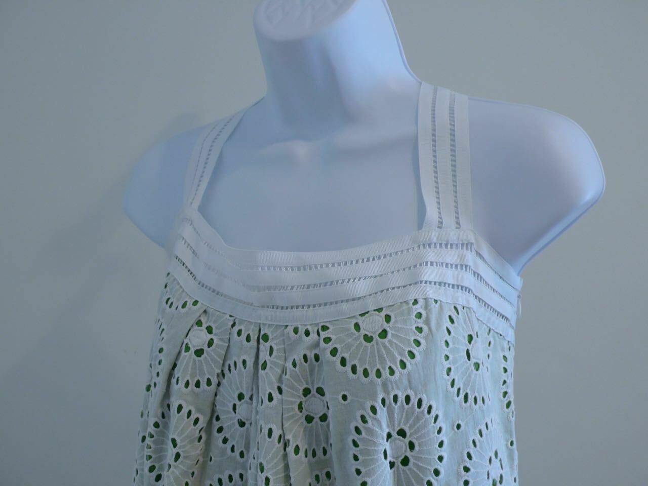 CYNTHIA STEFFE Women's Green W White Eyelet Overlay Cotton Sleeveless Dress Sz 8 - Image 3