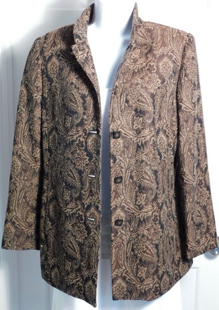DANA BUCHMAN PETITE Women's Brown Paisley Brocade Blazer Jacket Sz 8P - Image 3