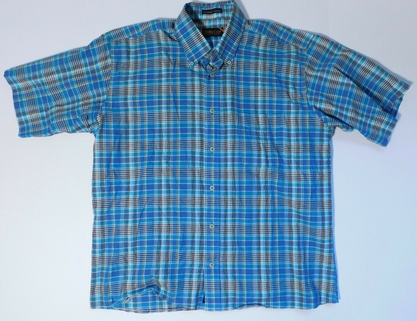 F. A. MACCLUER Men's Blue Plaid Cotton Short Sleeve Button Front Shirt Sz L - Image 3