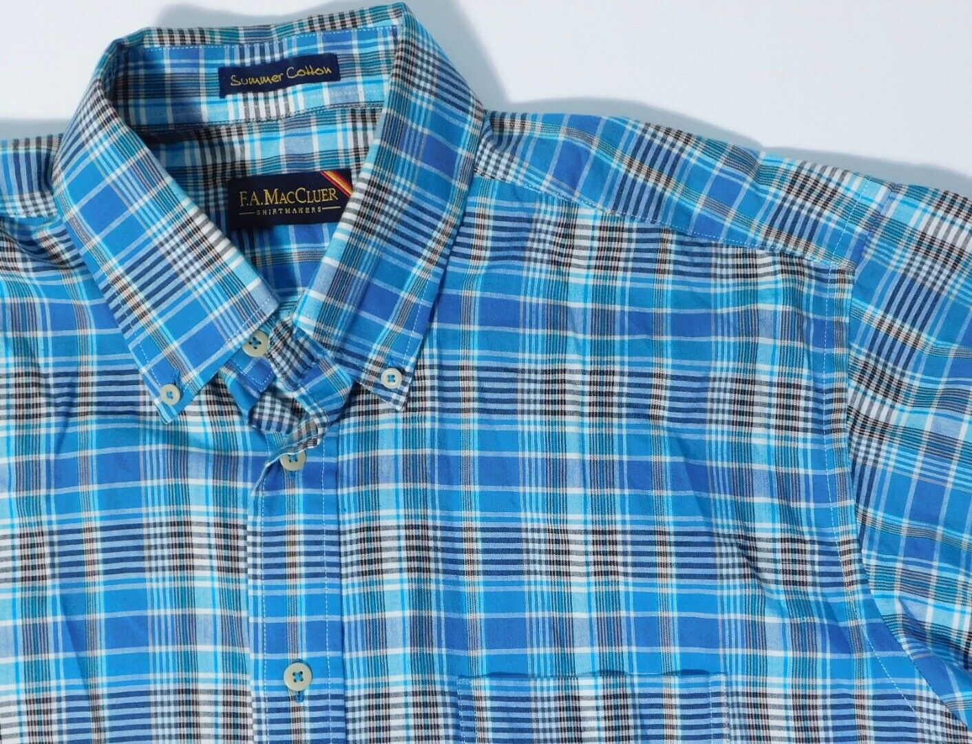 F. A. MACCLUER Men's Blue Plaid Cotton Short Sleeve Button Front Shirt Sz L - Image 4