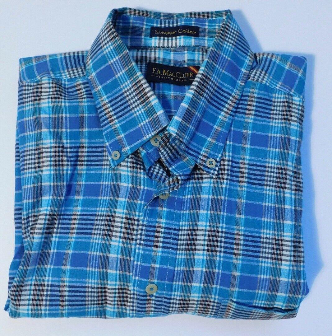 F. A. MACCLUER Men's Blue Plaid Cotton Short Sleeve Button Front Shirt Sz L