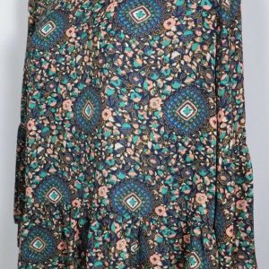 J CREW Navy Pink Green Floral Ruffle Trim Tunic Blouse Sz M