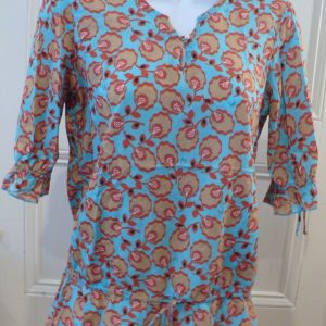 KOI BY KATHY PETERSON Womens Aqua W Red Orange Floral Print SS Blouse Sz XS