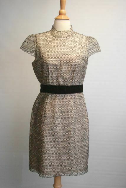 MILLY Womens Silk Lace Cap Sleeve Dress w/Attached Velvet Bow Taupe/Black Sz 6 - Image 3