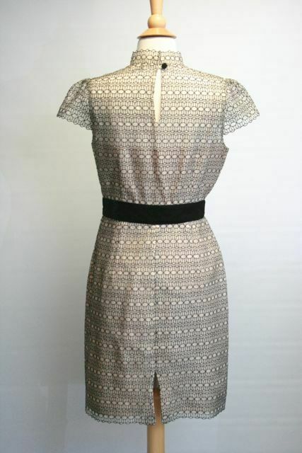 MILLY Womens Silk Lace Cap Sleeve Dress w/Attached Velvet Bow Taupe/Black Sz 6 - Image 4
