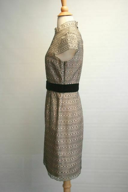 MILLY Womens Silk Lace Cap Sleeve Dress w/Attached Velvet Bow Taupe/Black Sz 6 - Image 5