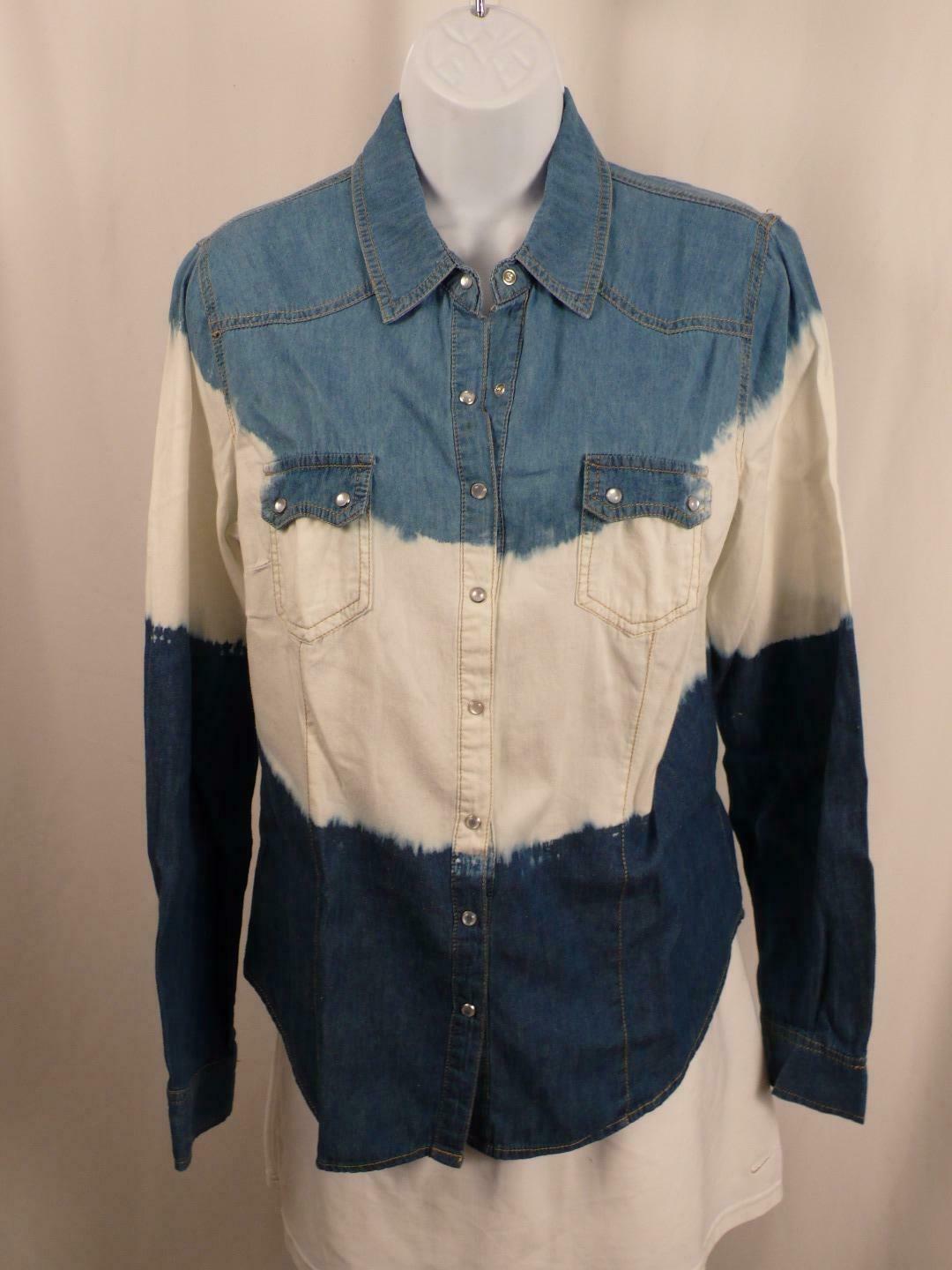 SANS SOUCI Women's Blue White Denim Snap Front Blouse Sz S - Image 4