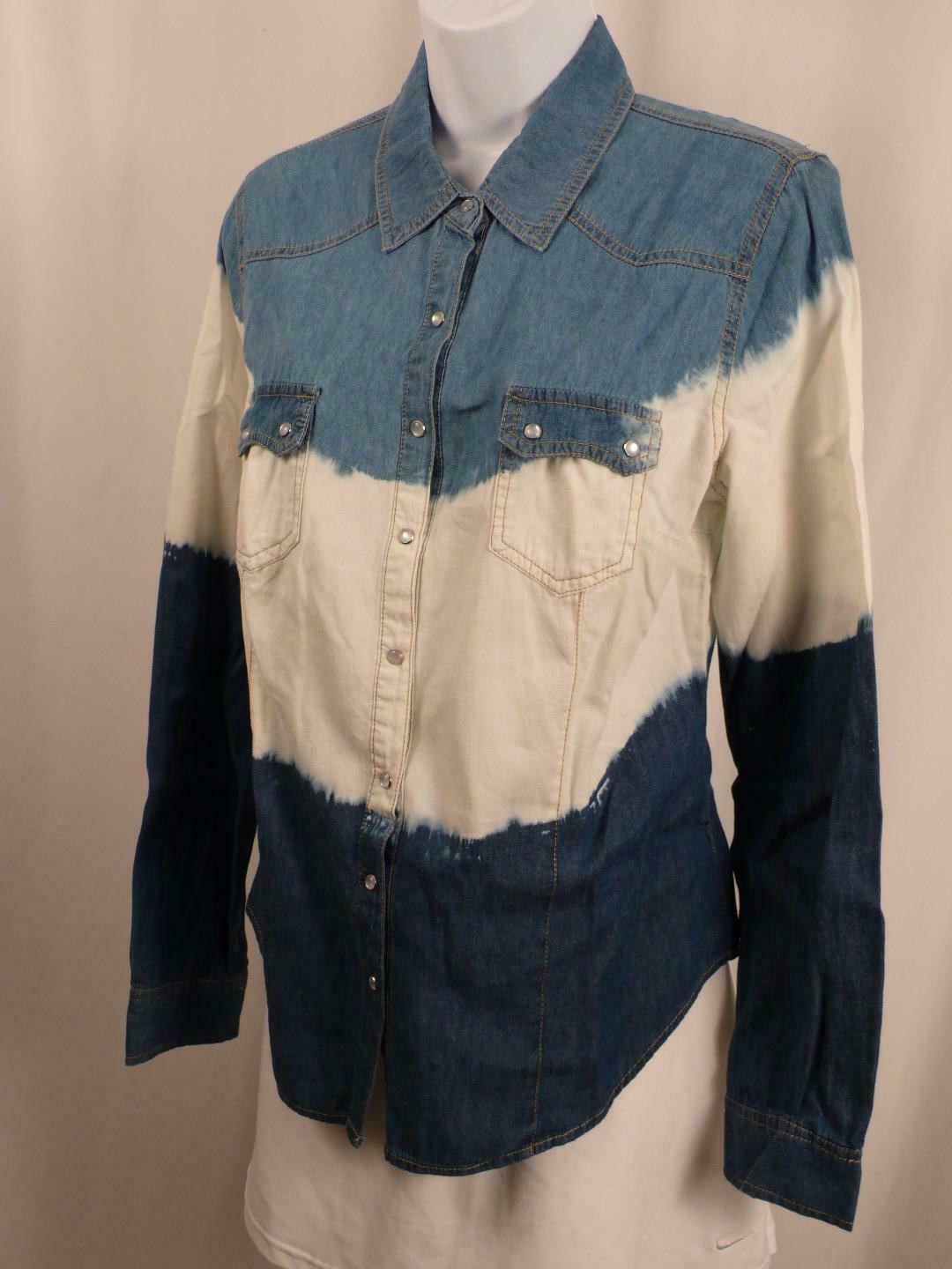 SANS SOUCI Women's Blue White Denim Snap Front Blouse Sz S