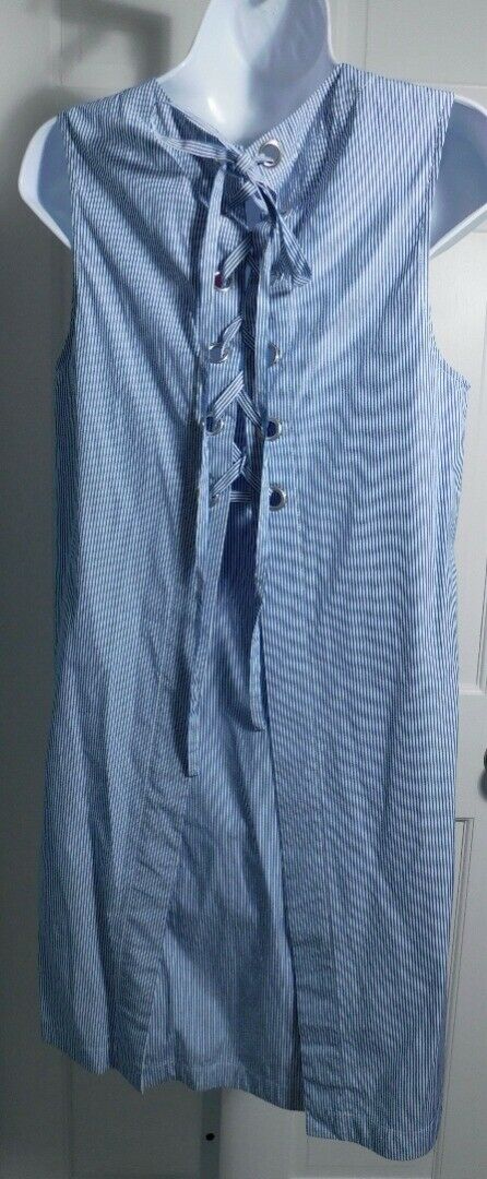 THEORY Blue & White Striped Sleeveless Lace Up Back Cotton Dress Sz 6 - Image 6