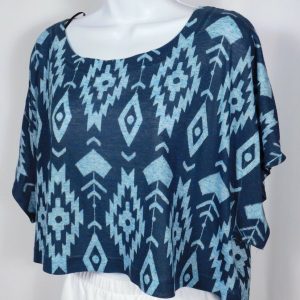XXI FOREVER 21 Women's Blue Geometric Print Scoop Neck SS Cropped T-Shirt Sz L