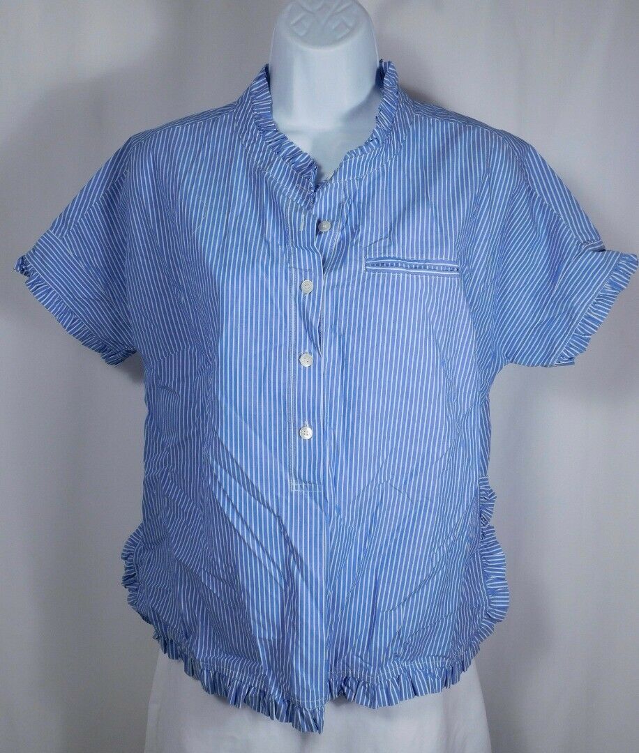 J CREW Chambray Blue & White Striped Cotton Boxy Short Sleeve Ruffle Blouse Sz 2 - Image 4