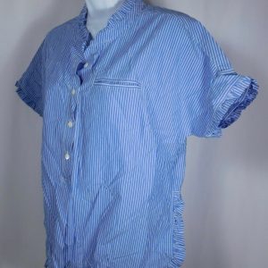 J CREW Chambray Blue & White Striped Cotton Boxy Short Sleeve Ruffle Blouse Sz 2