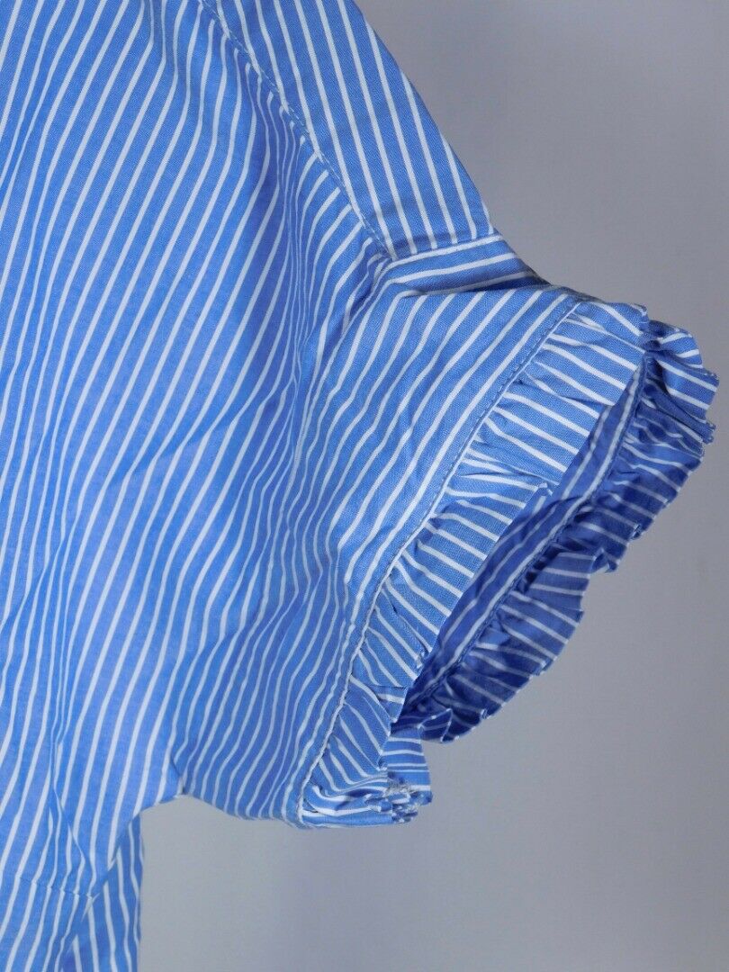 J CREW Chambray Blue & White Striped Cotton Boxy Short Sleeve Ruffle Blouse Sz 2 - Image 6