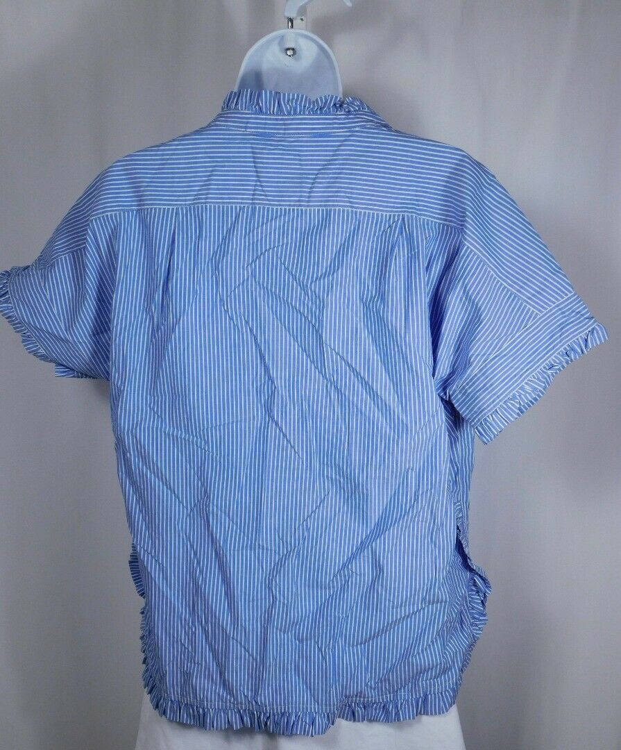J CREW Chambray Blue & White Striped Cotton Boxy Short Sleeve Ruffle Blouse Sz 2 - Image 7