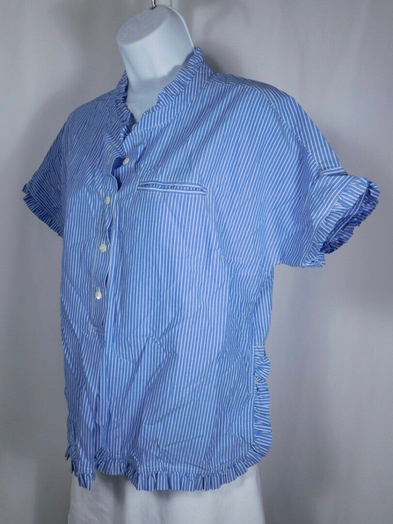 J CREW Chambray Blue & White Striped Cotton Boxy Short Sleeve Ruffle Blouse Sz 2