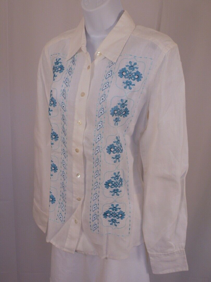 J MCLAUGHLIN Ivory W Blue Embroidered LS Button Front Linen Tunic Blouse Sz S