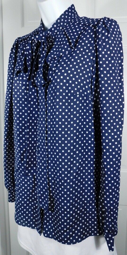 MICHAEL KORS COLLECTION Women's Maritime Blue Dot Neck Tie Silk Blouse Sz 6 $890