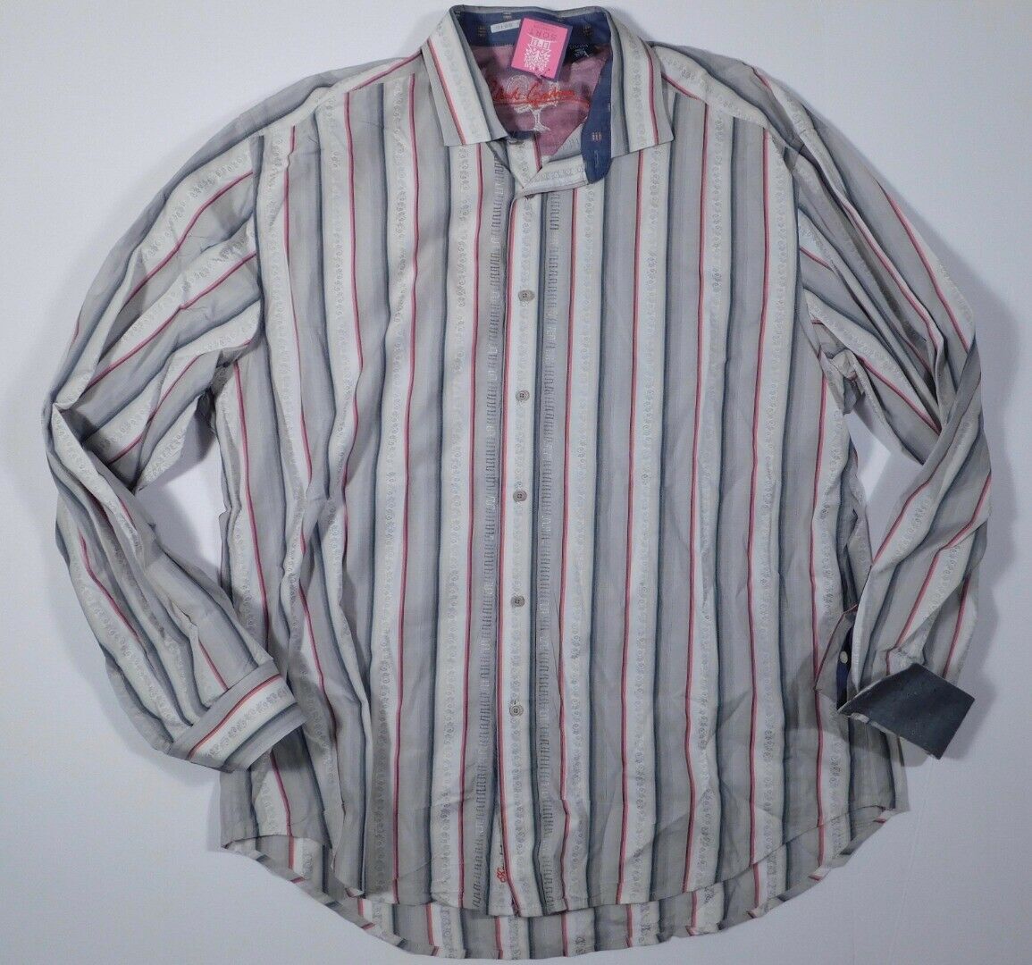 ROBERT GRAHAM Men's Gray White Red Stripe Long Sleeved Shirt Sz 2XL - Image 3