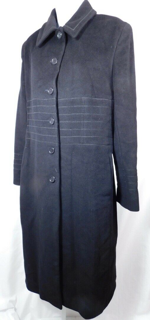 SEARLE Women's Black Wool Embroidery Trim Detail Button Front Coat Sz 10