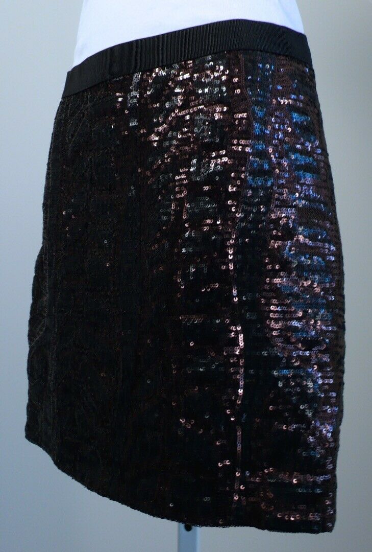 TORY BURCH Black Brown Sequins Elasticized Waist Mini Skirt Sz S