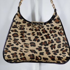 TORY BURCH Cheetah Print Patent Leather Trim Pony Hair Gold Chain Tote Handbag