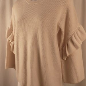 TORY BURCH Women's Ivory Ribbed Ruffle Sleeve Wool Sweater Sz S/P