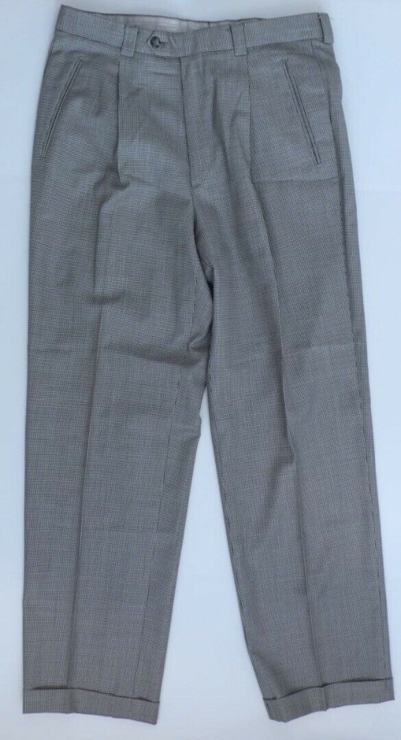 ZIGNONE Super 100s Mens Black & White Micro Check Wool Pleat Front Trouser Sz 33 - Image 4