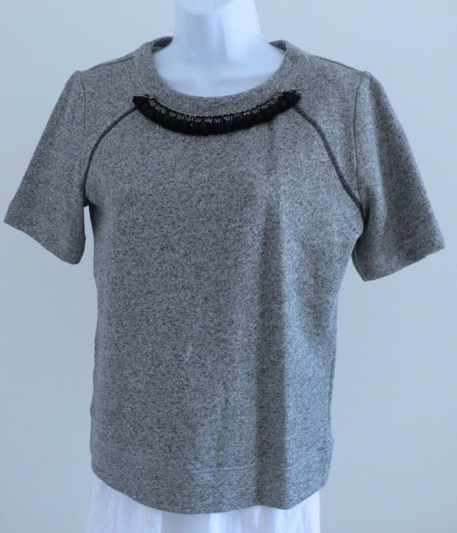 ANN TAYLOR NWT Heather Gray Short Sleeve Fringe Pom Pom Neck Trim Sweatshirt SzM - Image 3
