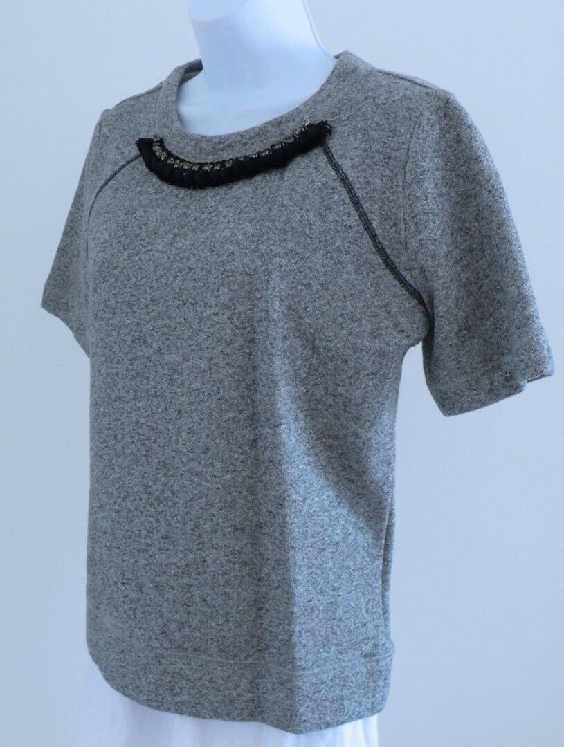 ANN TAYLOR NWT Heather Gray Short Sleeve Fringe Pom Pom Neck Trim Sweatshirt SzM - Image 6