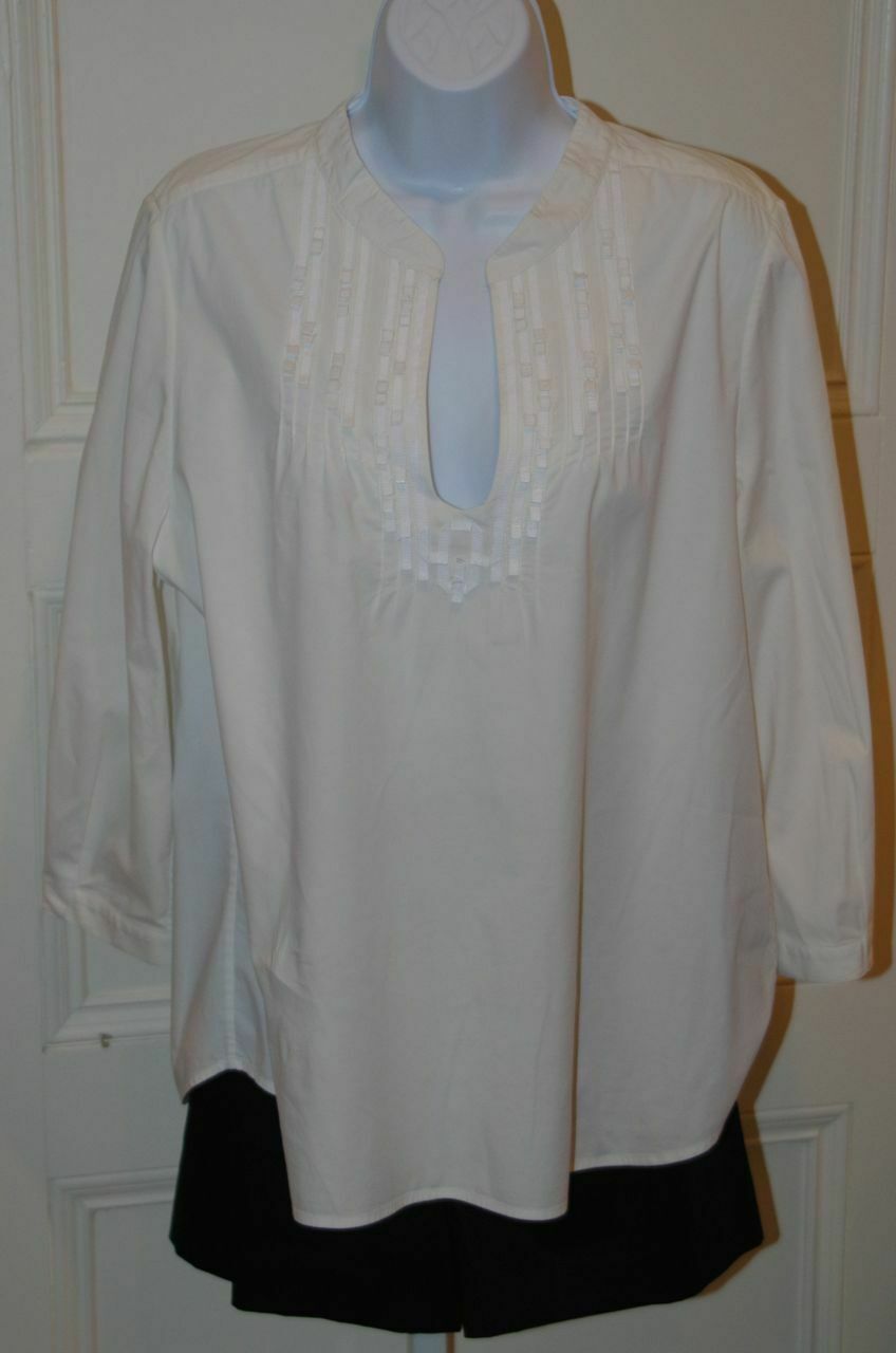 BADGLEY MISCHKA Womens White 3/4 Sleeve V-Neck Grosgrain Ribbon Detail Tunic SzL