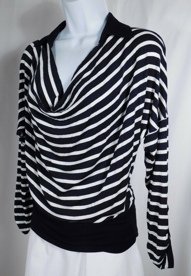 BAILEY 44 Women's Navy Blue & White Stripe Drape Neck Knit Blouse Sz XS