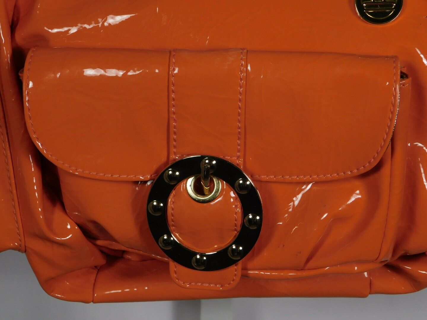 BIG BUDDHA Orange Patent Gold Tone Hardware Shoulder Handbag - Image 3